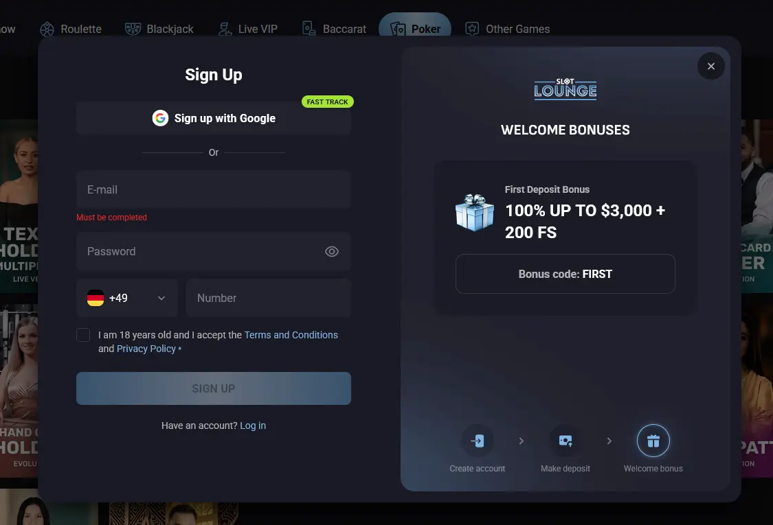 Slotlounge registration form for creating a new account